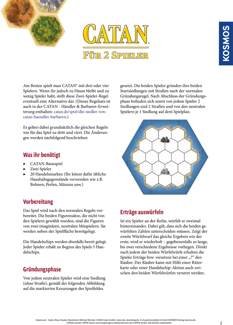 CATAN für 2 Spieler - Spielanleitung und Regeln