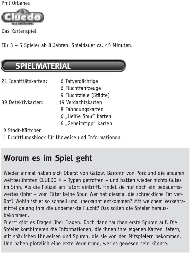 Cluedo - Das Kartenspiel Anleitung und Regeln