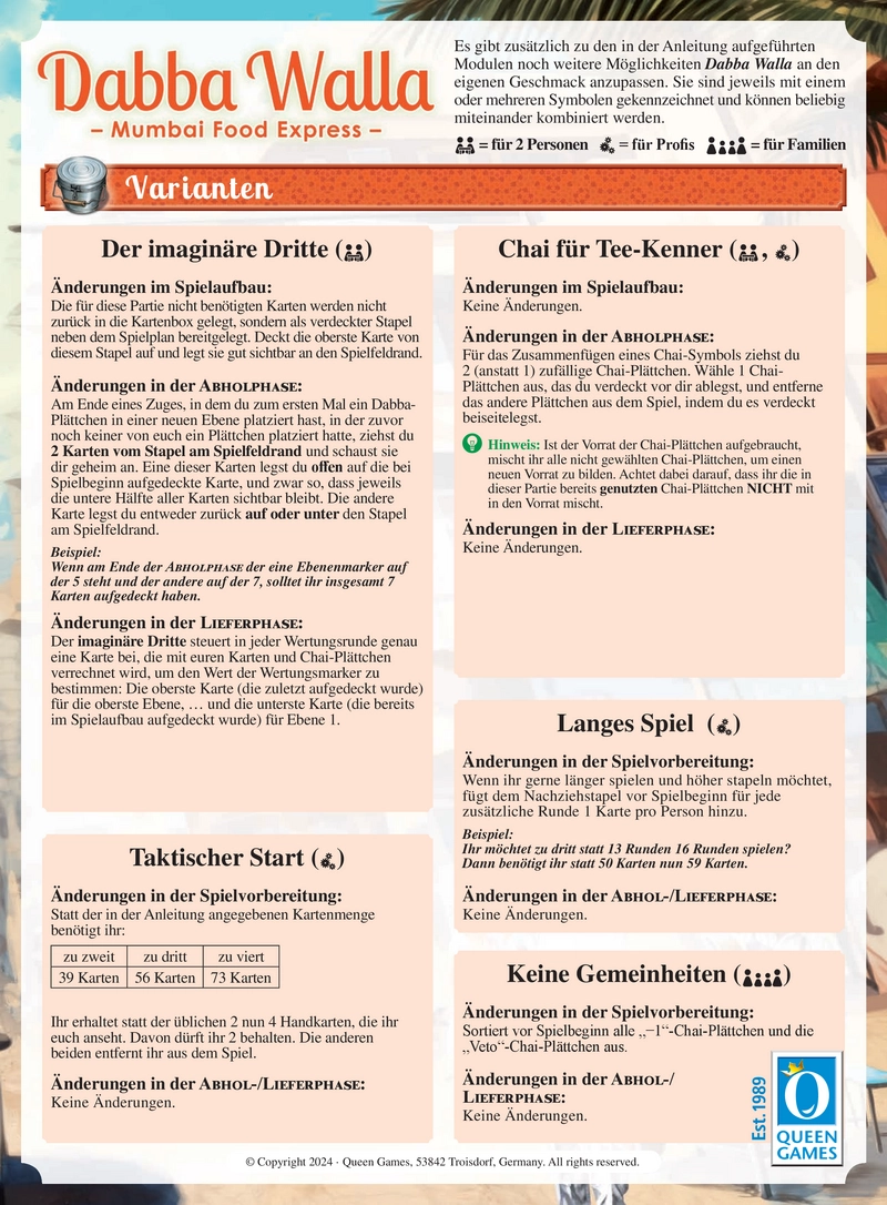 Dabba Walla - Varianten für spannenden Spielspaß