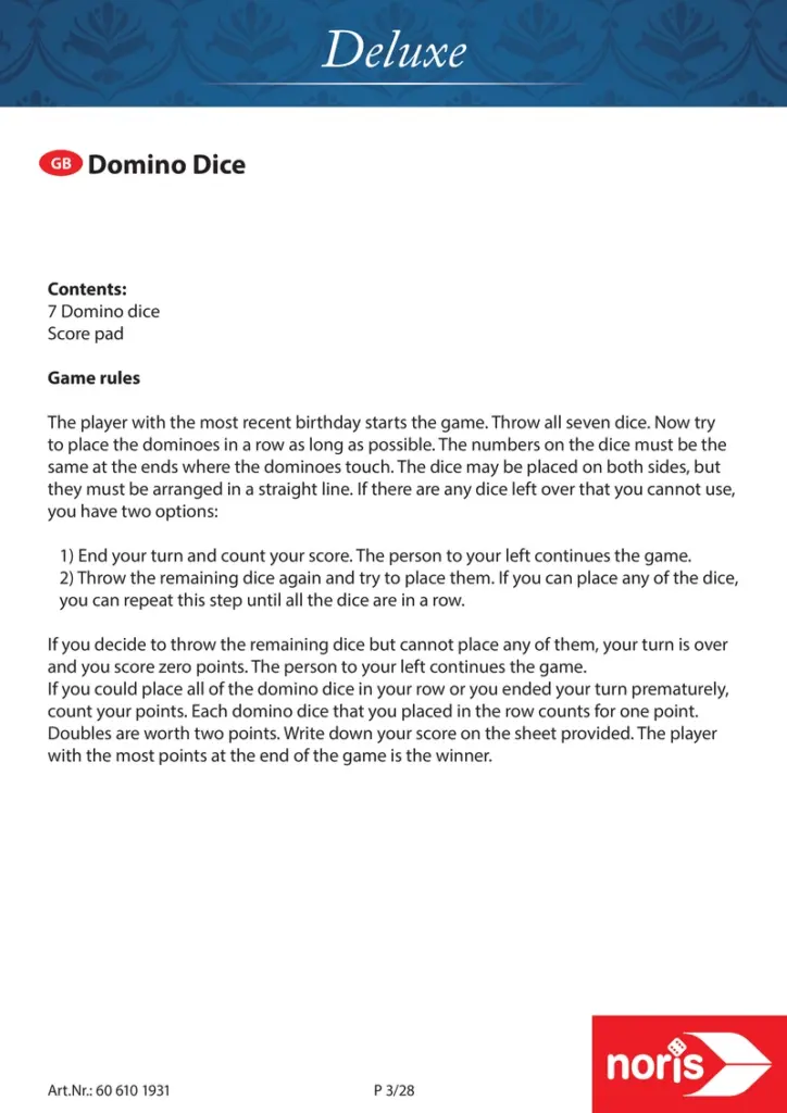 Domino Würfel - Regelspiel für Geburtstagsfeiern