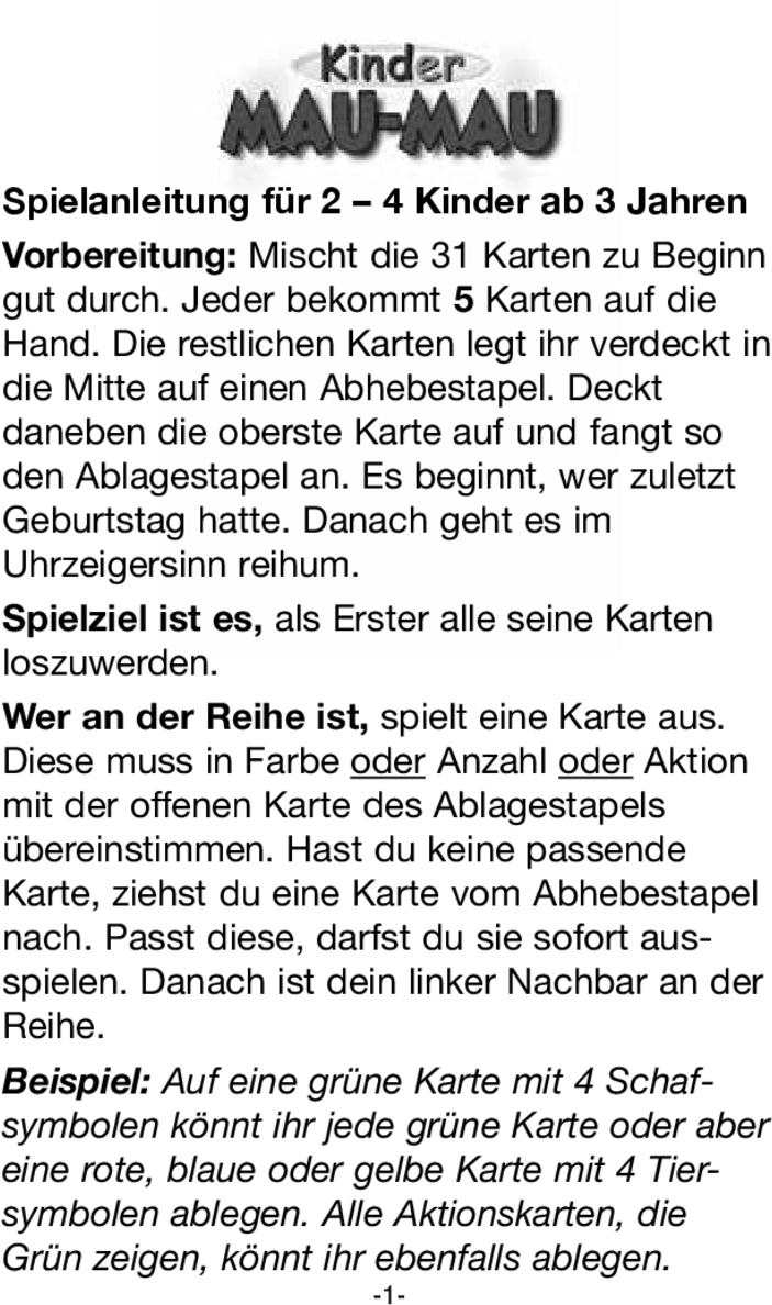 Spielanleitung Kinder Mau-Mau für 2-4 Spieler ab 3 Jahren