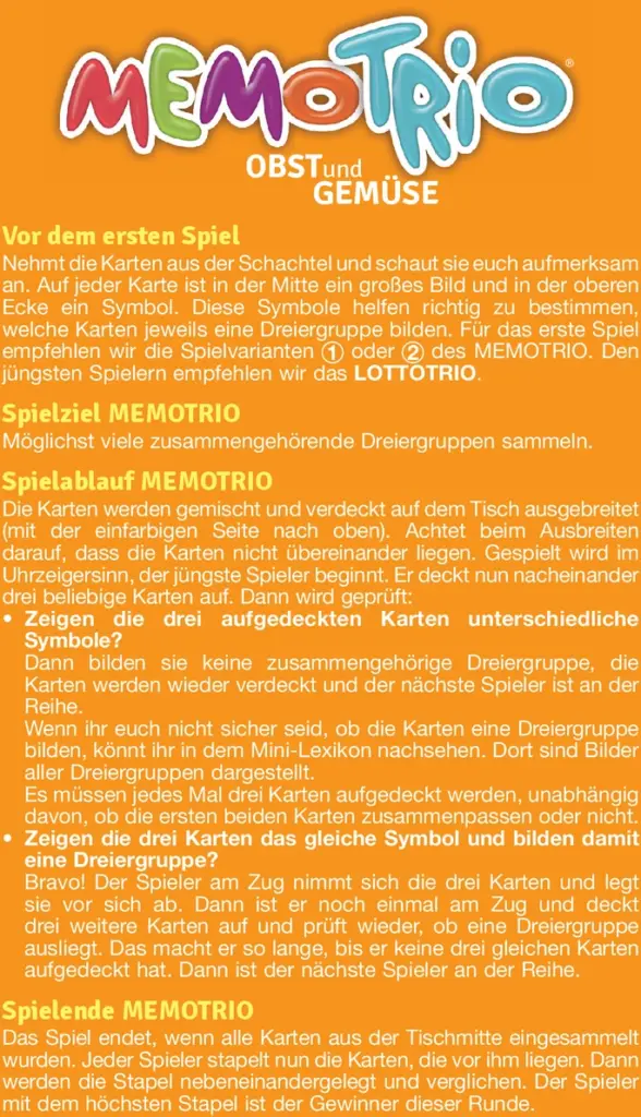 MEMOTRIO - Obst und Gemüse Spielanleitung für Kinder