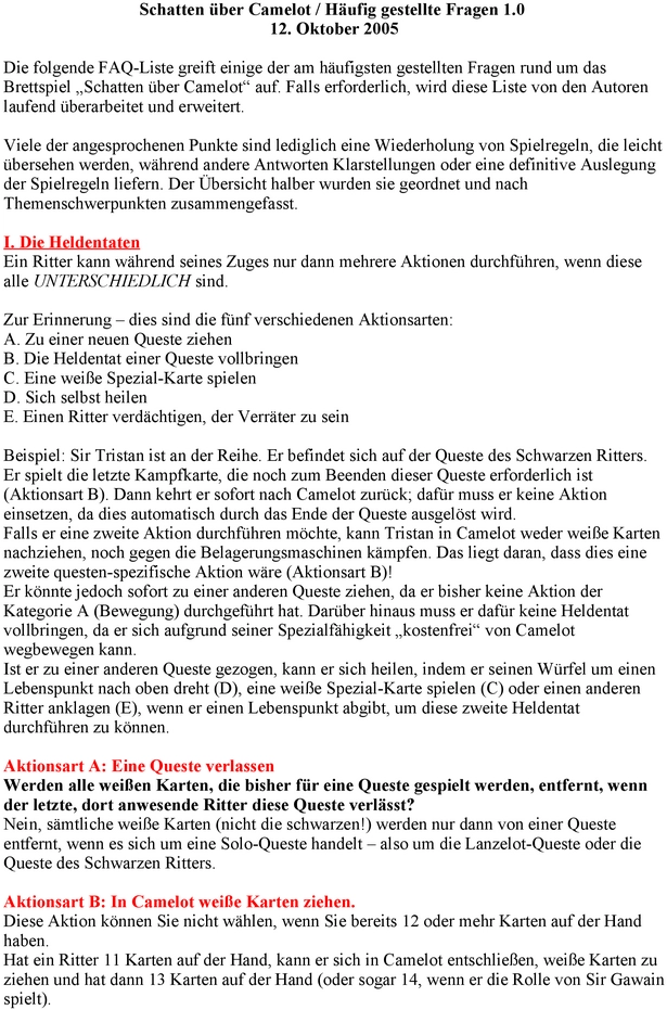 Schatten über Camelot - Spielanleitung und Regeln