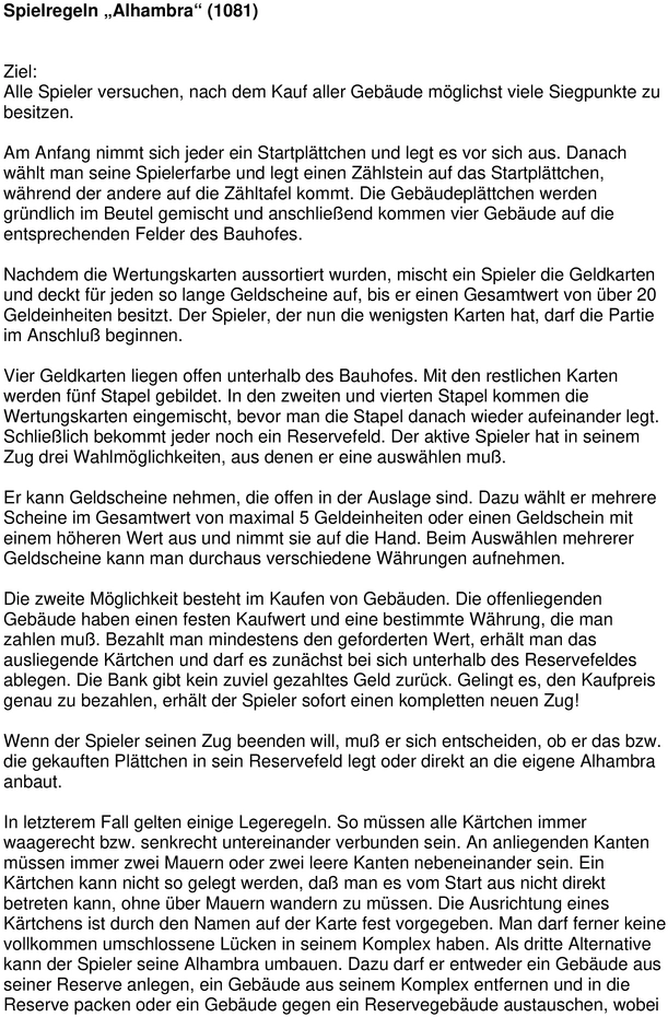 Spielanleitung Alhambra - Regeln und Tipps